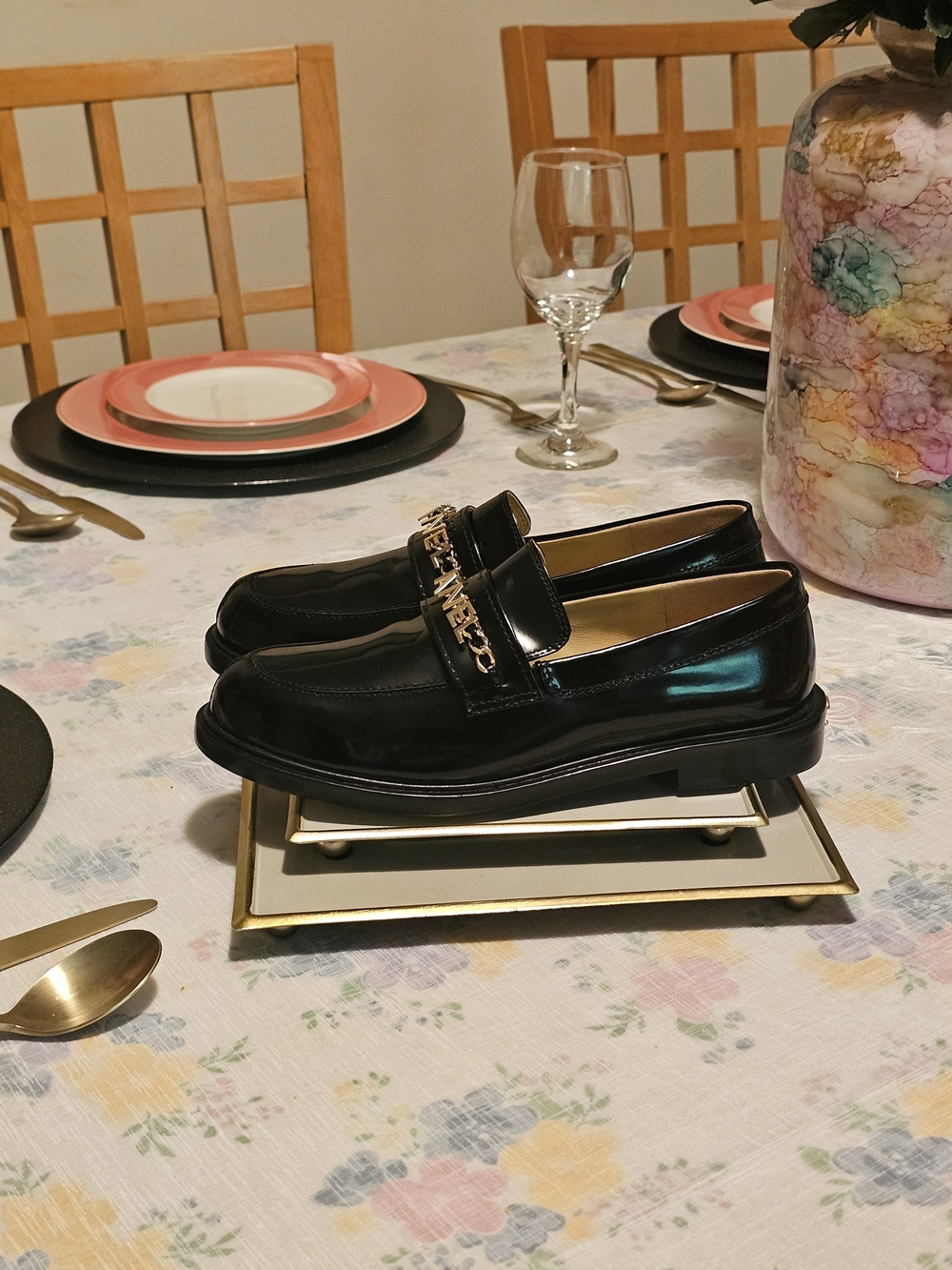 Chanel Women's Black Patent Loafers with Gold Chain Accent. Open To Offers